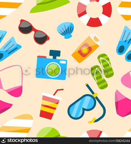 Illustration Beach Seamless Pattern with Tourism Objects and Equipments, Colorful Flat Icons - Vector