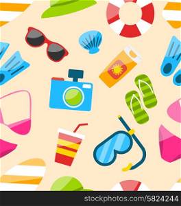 Illustration Beach Seamless Pattern with Tourism Objects and Equipments, Colorful Flat Icons - Vector