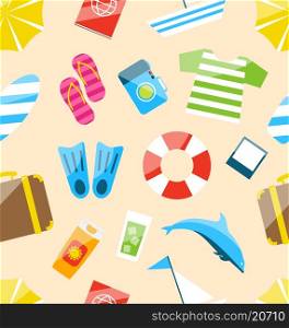 Illustration Beach Seamless Wallpaper with Tourism Objects and Equipments, Colorful Simple Icons - Vector