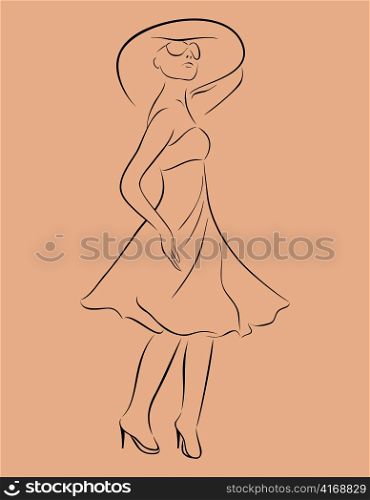 Illustration beautiful girl in dress sketch - vector