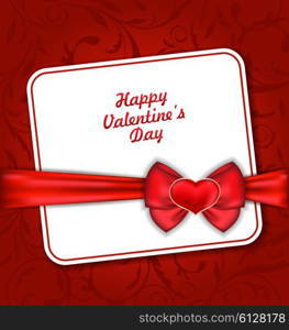 Illustration Beautiful Greeting Card for Valentines Day with Red Heart and Bow Ribbon - Vector