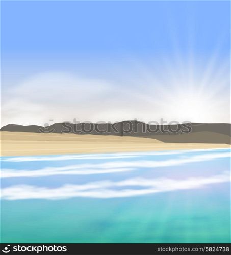 Illustration Beautiful Summer Landscape with Blue Ocean, Mountain, Shore and Far Clouds on Horizon - Vector