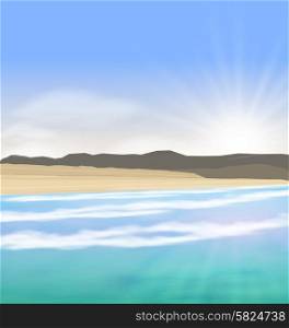 Illustration Beautiful Summer Landscape with Blue Ocean, Mountain, Shore and Far Clouds on Horizon - Vector