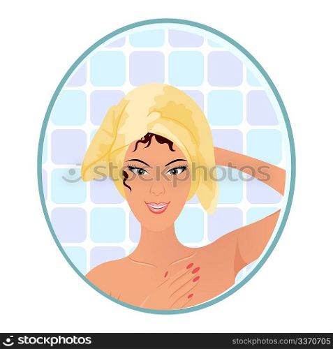 Illustration beautiful woman in mirror in bathroom - vector