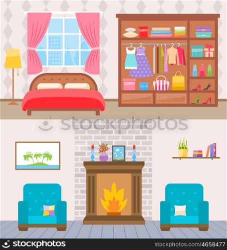 Illustration Bedroom with Furniture, Window and Wardrobe. Living Room with Armchairs and Fireplace - Vector