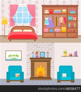 Illustration Bedroom with Furniture, Window and Wardrobe. Living Room with Armchairs and Fireplace - Vector