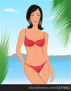 Illustration bikini girl on the beach - vector