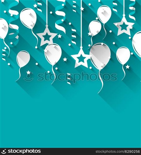 Illustration birthday background with balloons, stars and confetti, trendy flat style - vector