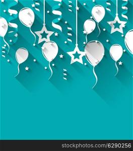 Illustration birthday background with balloons, stars and confetti, trendy flat style - vector