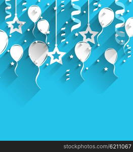 Illustration Birthday Background with Balloons, Stars and Confetti, Trendy Flat Style with Long Shadows - Vector