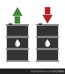 Illustration Black Oil Barrels with Green Red and Arrows on White Background, Concept of Oil Prices Up and Down - Vector