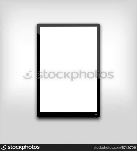 Illustration black tablet pc computer blank white screen with light on blue led - vector