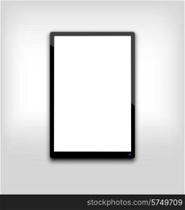Illustration black tablet pc computer blank white screen with light on blue led - vector