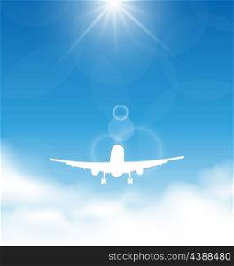 Illustration blue sky and clouds with flying airplane - vector