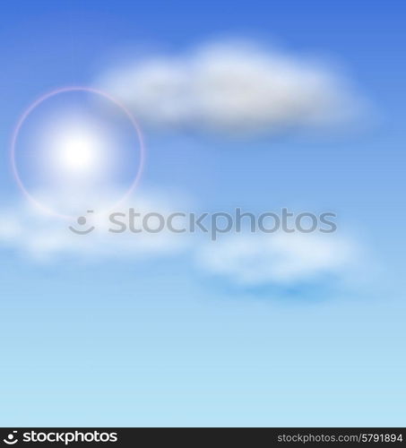 Illustration Blue Sky with Sunlight and Fluffy Clouds - vector