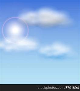 Illustration Blue Sky with Sunlight and Fluffy Clouds - vector