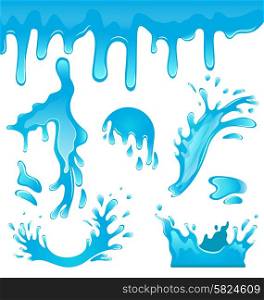Illustration Blue Water Drops, Splashing Waves, Crown, Surge, Puddle, Ripples, Set Isolated on White Background - Vector