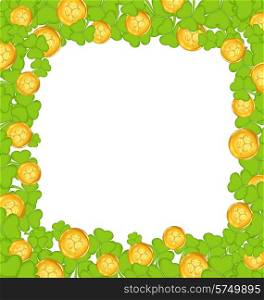 Illustration border with clovers and golden coins for St. Patrick&rsquo;s Day - vector