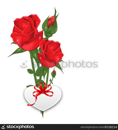 Illustration Bouquet Beautiful Flowers Roses with Paper Postcard for Happy Valentines Day, Isolated on White Background - Vector