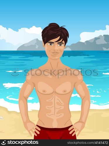 Illustration brawny man on beach - vector