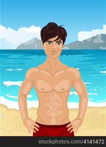 Illustration brawny man on beach - vector