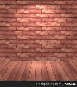 Illustration brown brick wall with wooden floor, empty room interior with light - vector