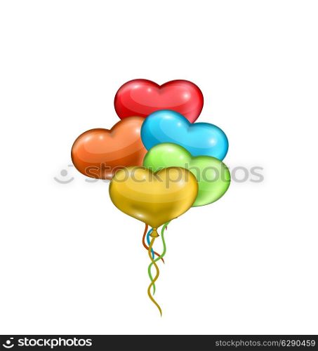 Illustration bunch colorful balloons in the shape of hearts isolated on white background - vector