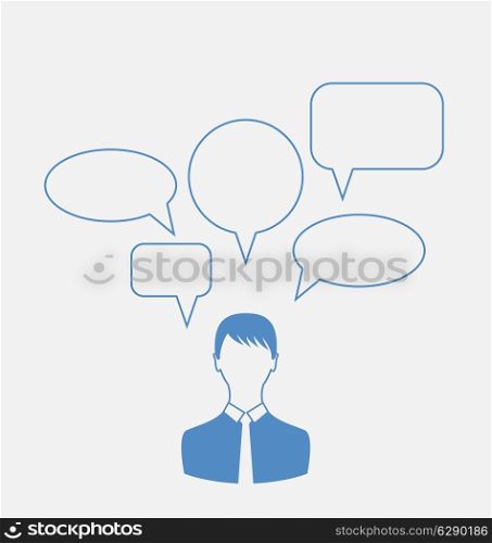 Illustration business man thinking, many thoughts - vector