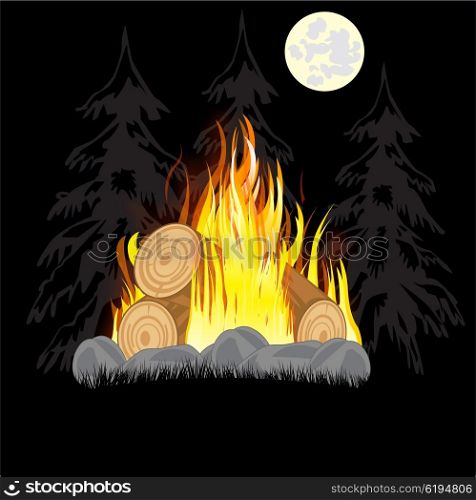 Illustration campfires in the night in wood on glade. Campfire in wood