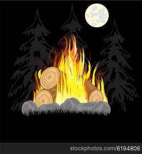 Illustration campfires in the night in wood on glade. Campfire in wood