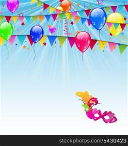 Illustration carnival background with flags, confetti, balloons, mask - vector