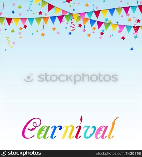 Illustration carnival background with flags, confetti, text - vector