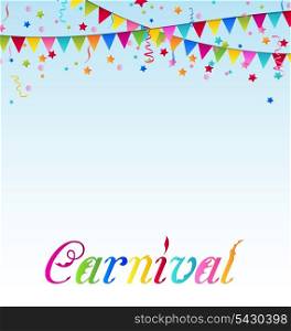 Illustration carnival background with flags, confetti, text - vector