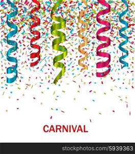 . Illustration Carnival Background with Set Colorful Paper Serpentine and Confetti - Vector