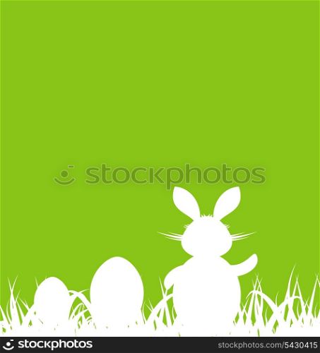 Illustration cartoon green background with Easter rabbit and eggs - vector