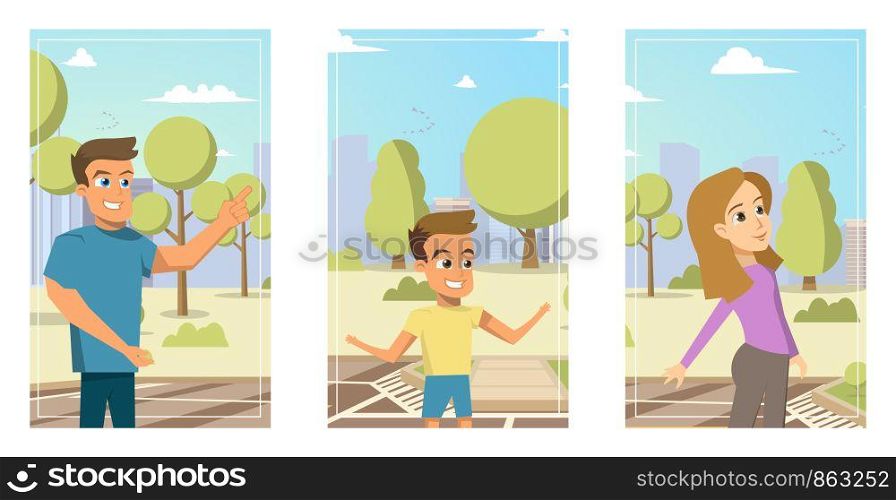 Illustration Cartoon Set Portraits Family members. Vector image Set Portraits Happy Smiling Family Isolated on White Background. Father, Son, Mom on Background City Park with Trees
