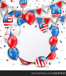 Illustration Celebration Card for American Holidays, Colorful Bunting, Balloons and Confetti. Space for Your Text - Vector