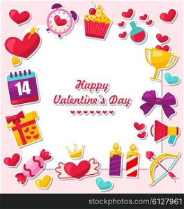 Illustration Celebration Card for Valentine&rsquo;s Day. Flat Valentine Icons, Heart with Crown, Gift Box, Candles, Sweet Cupcake - Vector