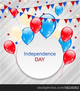 Illustration Celebration Card with Balloons and Hanging Bunting Pennants in American Flag Colors for Independence Day - vector