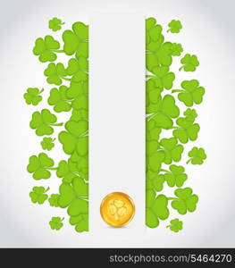 Illustration celebration card with clovers and golden coins for St. Patrick&rsquo;s Day - vector