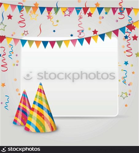 Illustration celebration card with party hats, confetti and hanging flags - vector