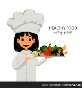 Illustration Chef girl cute character suggest healthy food . Vegetable minimal style isolated on white background , cartoon vector , raw materials for cooking , organic vegetable , copy space