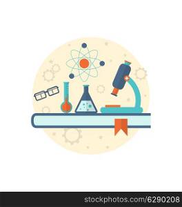Illustration chemical engineering background with flat icon of objects - vector