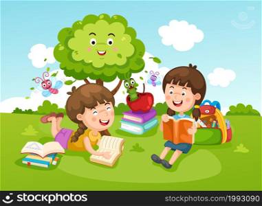 Illustration children working and reading book in the park vector