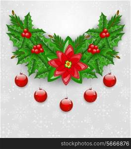 Illustration Christmas adornment with balls, holly berry, pine and poinsettia - vector