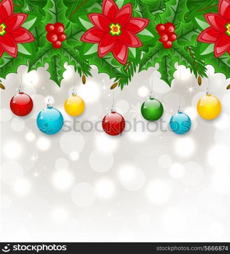 Illustration Christmas background with balls, holly berry, pine and poinsettia - vector