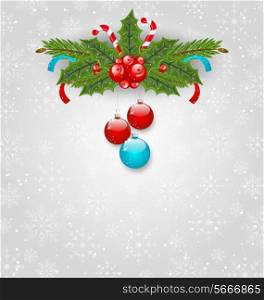Illustration Christmas background with balls, holly berry, pine and sweet canes - vector
