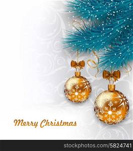 Illustration Christmas Background with Glass Balls and Fir Branches - vector