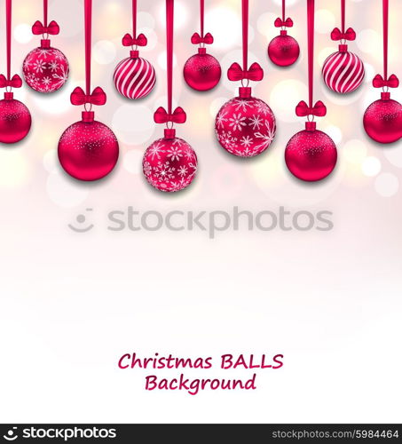 Illustration Christmas Background with Pink Glassy Balls with Bow Ribbon, Shiny Background - Vector