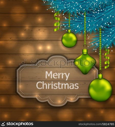 Illustration Christmas Card with Balls and Fir Twigs on Wooden Texture with Light - vector